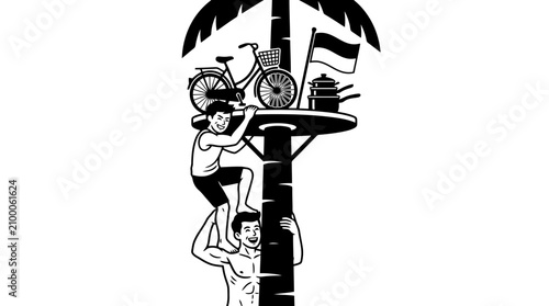 2 people working together to climb an areca nut tree trunk, displaying expressions of cheerfulness and determined effort. At the top, there are iconic prizes (a bicycle, a cooking pot, and 