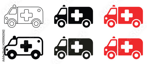 Ambulance Vector Icon Collection Representing Emergency Medical Transportation, Rescue Services, Healthcare Support, Hospital Emergency Vehicles, EMS Response, And First Aid Symbols, Clean Minimal Ill