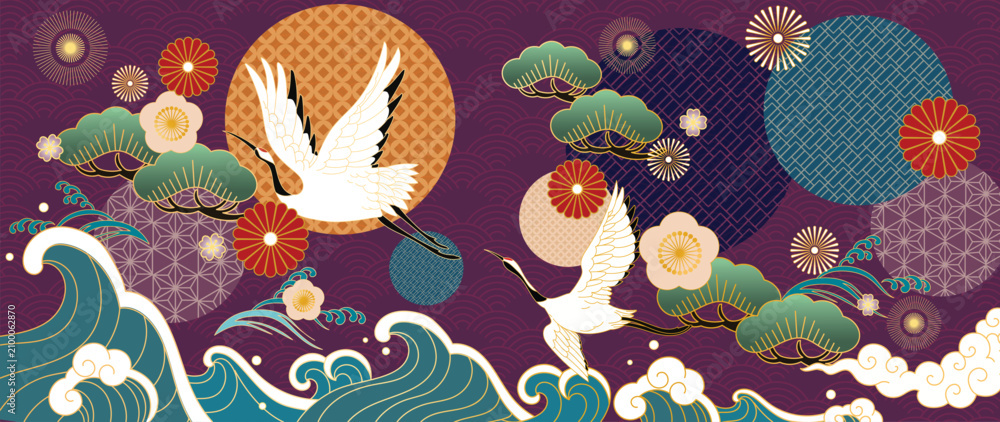 Fototapeta premium Japanese crane and ocean wave background vector. Flying birds, pine trees, plum blossoms and traditional geometric circles on purple background for wallpaper, fabric, packaging and greeting cards.