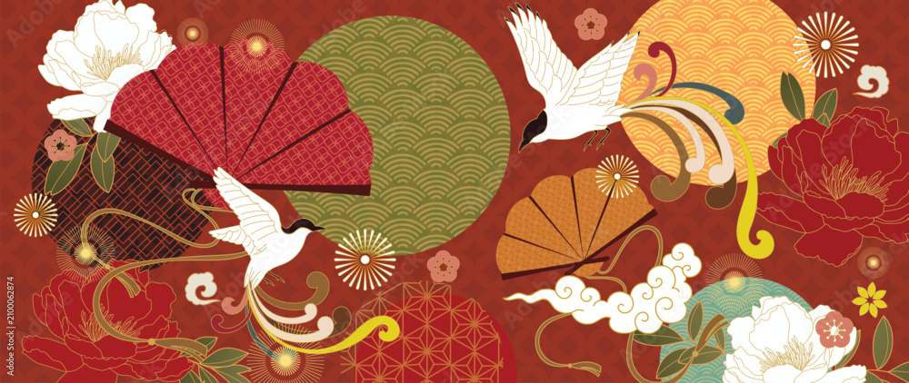 Obraz premium Japanese crane and peony floral background vector. Traditional folding fans, clouds and geometric wave motifs in red and gold for greeting cards, invitations, banners, wallpaper and packaging.
