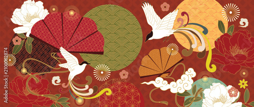 Japanese crane and peony floral background vector. Traditional folding fans, clouds and geometric wave motifs in red and gold for greeting cards, invitations, banners, wallpaper and packaging.