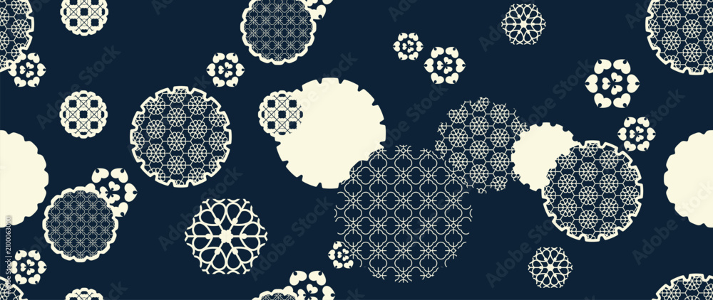 Naklejka premium Japanese geometric circle pattern vector. White and gray floral lattice motifs on dark navy background for fabric, wallpaper, wrapping paper, packaging and textile print.