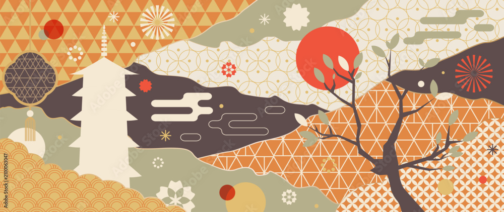 Obraz premium Japanese autumn landscape vector. Pagoda, red sun, mountains, clouds and geometric patterns in orange and beige for wallpaper, fabric, packaging and greeting cards.