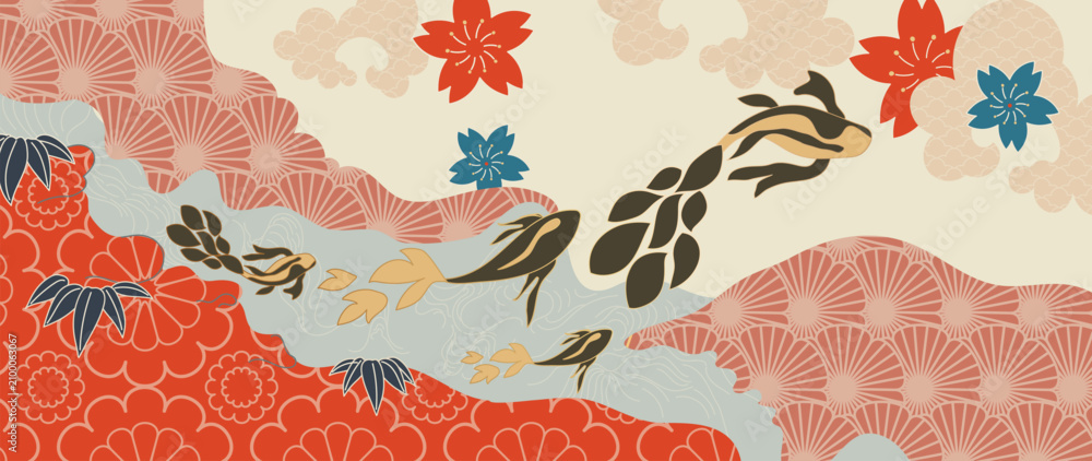 Fototapeta premium Japanese fish and floral pattern vector. Swimming fish, cherry blossoms, bamboo leaves and traditional geometric motifs in coral, pink and beige for fabric, wallpaper and packaging.