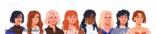 Diverse women, horizontal banner, border. Young female characters group portr...