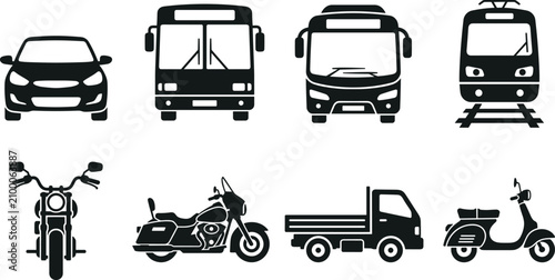 Public transport and city vehicle icons set with car bus train truck motorcycle and scooter silhouette vector