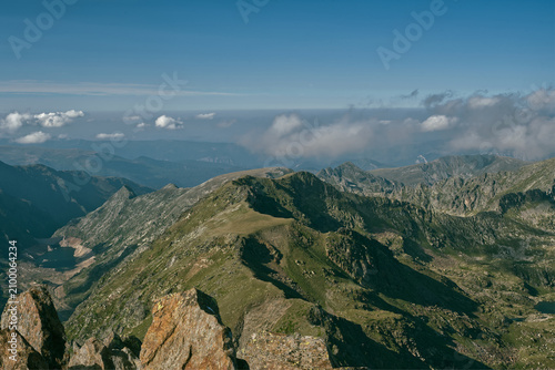 View from Pic de la Font Blanca mountain peak in Pyrenees mountains on borders between Andorra and France