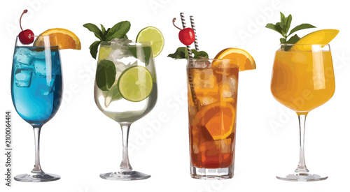 Tropical Summer Fruit Cocktails And Smoothies Isolated On Transparent Background, Colorful Fresh Beverages With Citrus, Berries, Pineapple, And Mint, Refreshing Vacation Drink Collection, Premium PNG 