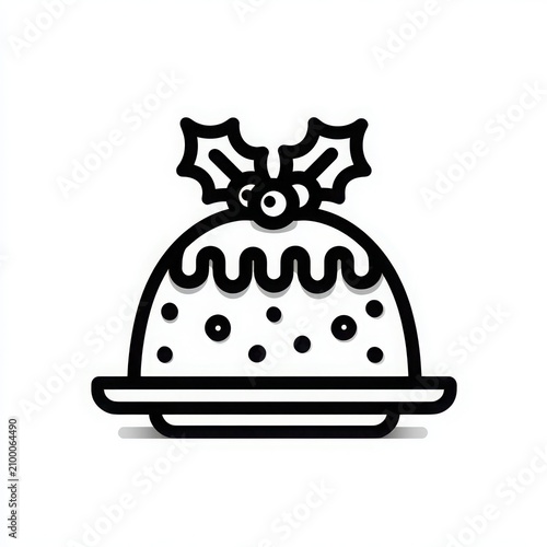 Festive Christmas Pudding with Holly Decoration on White Plate