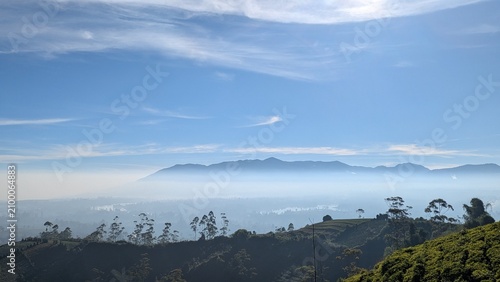 Cuadro en lienzo Panoramic Tea Plantation Landscape in Bandung, West Java, Indonesia Under Blue S