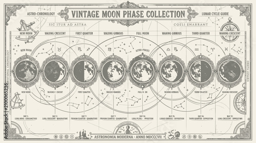 Fotografie Vintage Celestial Moon Phases Chart with Constellations