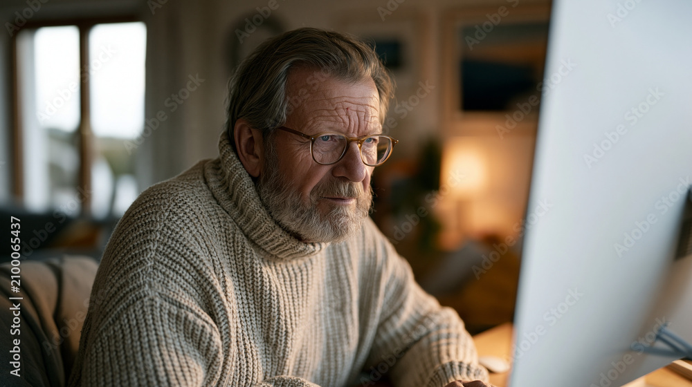 Fototapeta premium Elderly web developer reviewing a client portfolio on a large monitor in a cozy home office, December project handoff deadline, reading glasses on, organized cable setup,