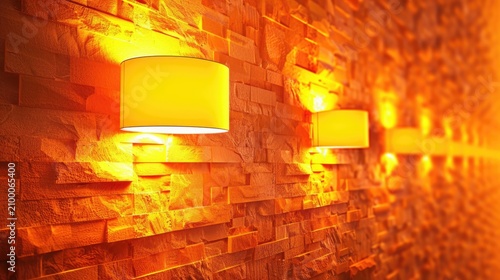 Abstract background with a golden brick wall and lamps in an orange color.
