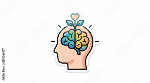 A colorful cartoon illustration of a human head with a brain and a plant growing out of it