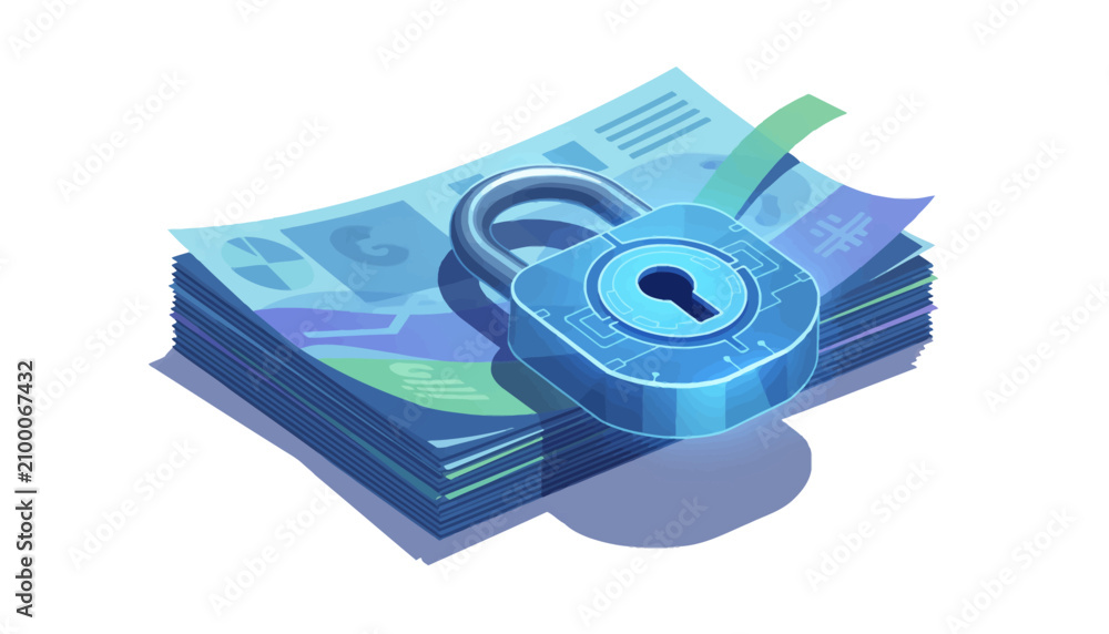Fototapeta premium Secure padlock resting on stack of banknotes in blue tones