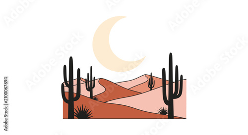 Konstfotografi Large crescent moon rising over desert sand dunes and cacti