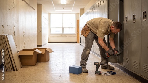 Technician repairs school locker hardware during summer maintenance