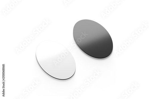 Blank black and white oval fridge magnet mockup png transparent background 3d rendering. Empty elliptic magnetized icon mock up cut out. Clear sticky travel souvenir for refrigerator surface template.
