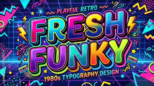 Vibrant 1980s retro typography design with neon glow. Bold vintage lettering for funky disco party posters and branding.