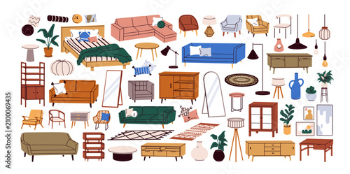 Modern furniture set. Apartment room items, decoration. Trendy house decor, s...