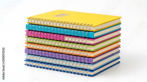 Colorful notebooks, spiral bound journals, stacked books, office supplies