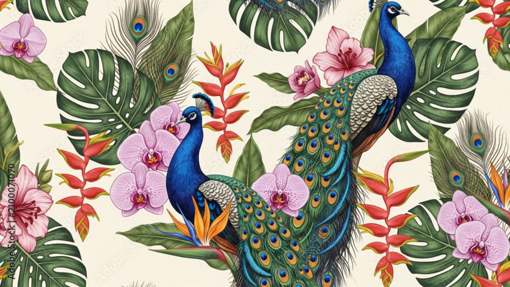 Obraz premium Seamless tropical pattern with blue peacocks, pink orchids, and monstera leaves. Vintage botanical illustration style on cream background. AI generated exotic floral design.