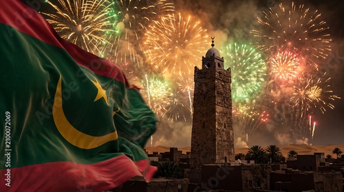 Waving Mauritania national flag and ancient stone minaret under colorful celebration fireworks in night desert sky