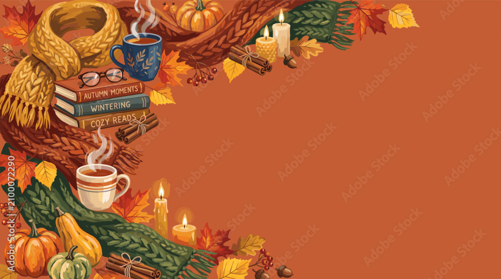 Obraz premium Autumn coffee and books arrange in a cozy corner vignette featuring warm textures and soft glowing candles for seasonal comfort.
