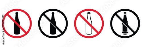 No Alcohol Allowed Icon Collection With Crossed-Out Beer, Wine, Spirits, And Cocktail Symbols, Red Restriction Signs For Safety Public Areas, Healthcare, And Workplace Regulations, Vector Illustration