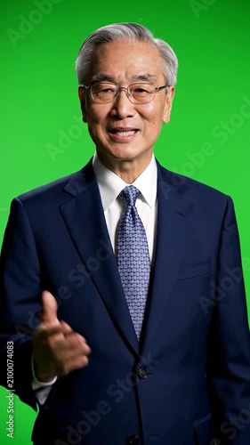 Senior businessman in a blue suit on a green screen