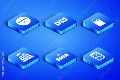 Set Online shopping on phone, Consumer or customer product rating, Hanging sign with Closed, Cash register machine, Crumpled paper money cash and Paper bag icon. Vector