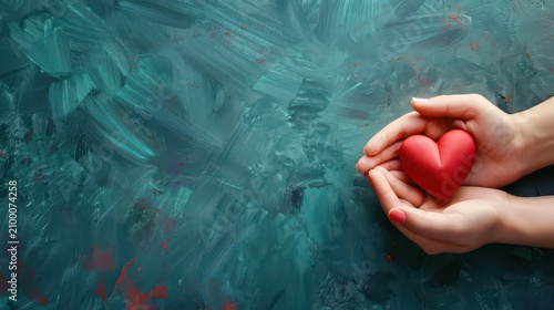 Hands holding red heart symbol on teal painted background for charity and compassion banner and awareness design. Horizontal banner. Copy space