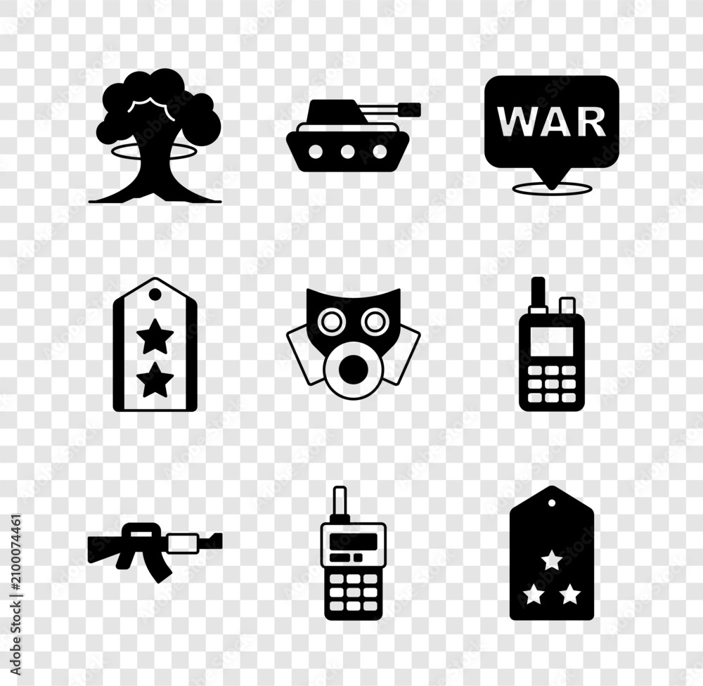 Fototapeta premium Set Nuclear explosion, Military tank, The word war, M16A1 rifle, Walkie talkie, rank, and Gas mask icon. Vector