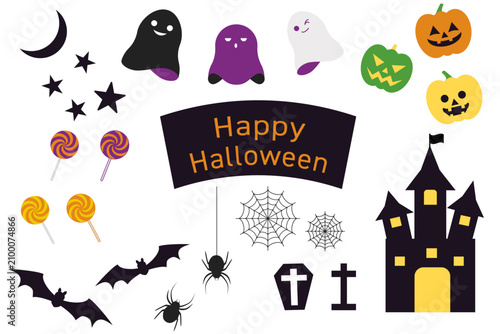 ハロウィンのアイコン・イラストセット（かぼちゃ・おばけ・コウモリ・お城・キャンディ・蜘蛛の巣）
