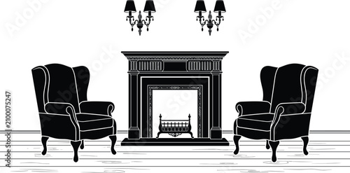 Classic living room interior silhouette vector illustration featuring a vintage fireplace armchairs and wall sconces isolated on white background