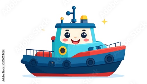 Cartoon tugboat with cheerful captain and cargo.