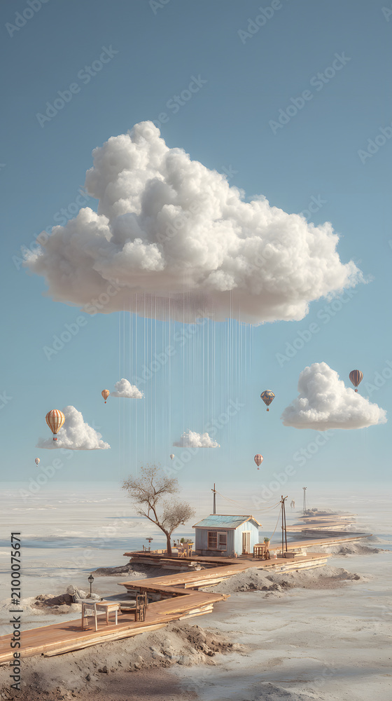 Fototapeta premium Lonely cottage on wooden pier under large floating cloud raining delicate threads with hot air balloons drifting in pastel sky