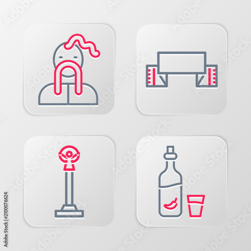 Set line Vodka with pepper and glass, Monument of Independence, Embroidered towel and Ukrainian cossack icon. Vector