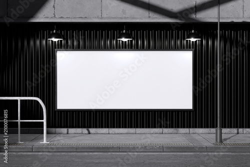 White horizontal billboard on street with metal wall background for mockup template