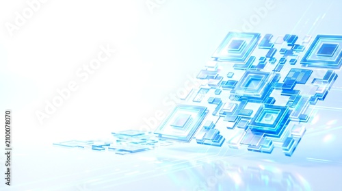 A futuristic illustration of floating blue squares and rectangles in a white background