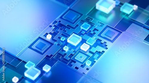 Glowing blue microchip components assemble on a circuit board in a technology lab.