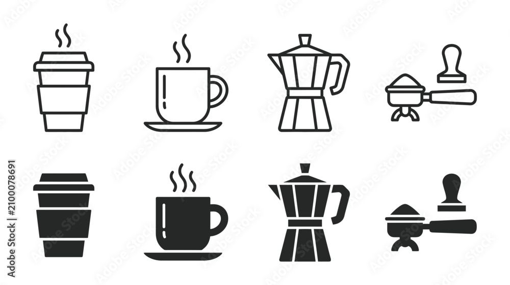Obraz premium Coffee shop and espresso preparation icon set including cups and moka pot with espresso beverage caffeine preparation