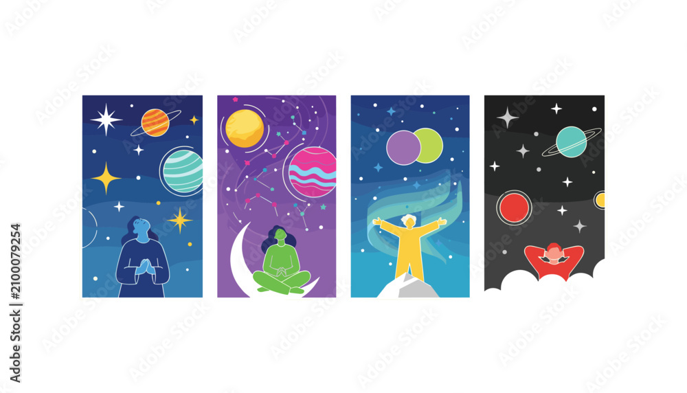 Fototapeta premium Set of vertical cards with illustrations of people meditating and gazing at the starry night sky