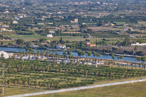 Agricultural fields and orchards surrounding an irrigation canal