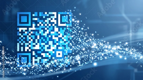 A blue QR code with sparkling particles flows across a digital circuit board background.