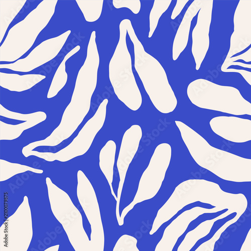 Abstract leaf shapes, seamless pattern. Leaves on endless blue background des...