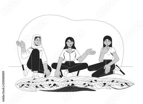Women enjoying traditional kembulan communal dining flat line illustration. Indonesians eating together from banana leaf with rice and meat 2D outline characters. Black and white cartoon vector image