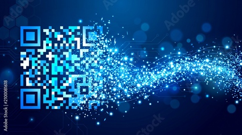 A futuristic blue QR code explosion occurs rapidly in a dark technological environment.