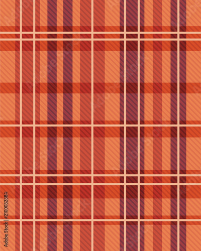 Warm Ember Plaid Pattern, A seamless plaid textile design featuring intersecting stripes in burnt orange, crimson red, and deep plum tones
