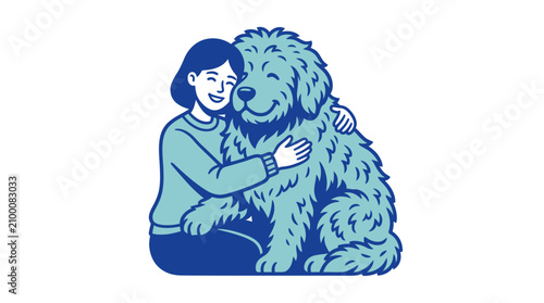 Fotografie Woman Hugging Large Fluffy Dog.